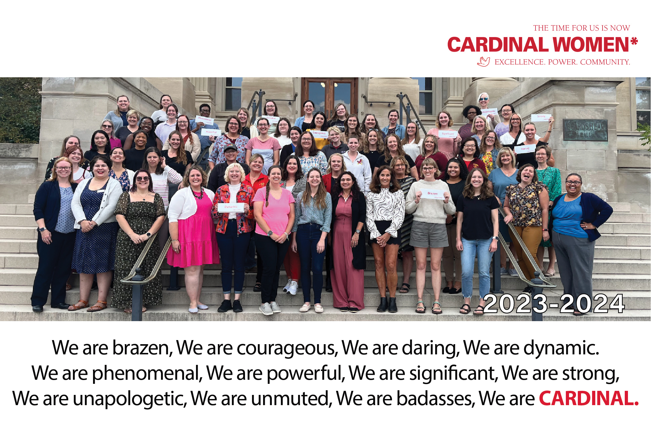 Group photo of Cardinal Women* Cohort on the steps of Beardshear Hall.